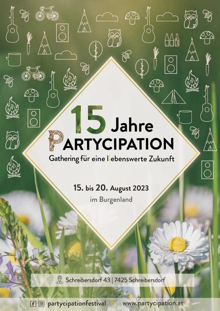 Partycipation2023 a poster with a white square with flowers and a black and white border